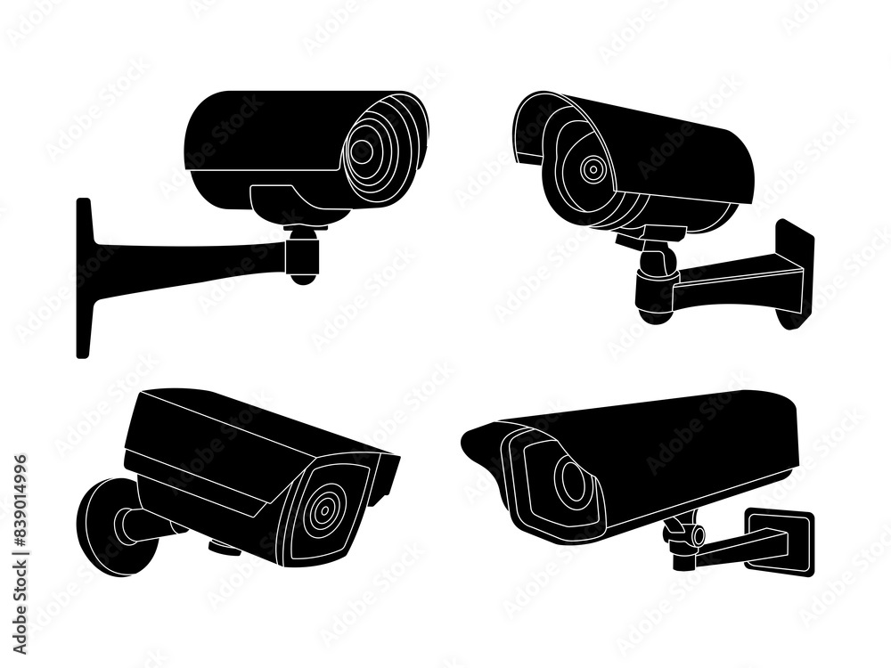 Set of Security Camera Silhouette in various poses isolated on white background Set of Security Camera Silhouette in various poses isolated on white background