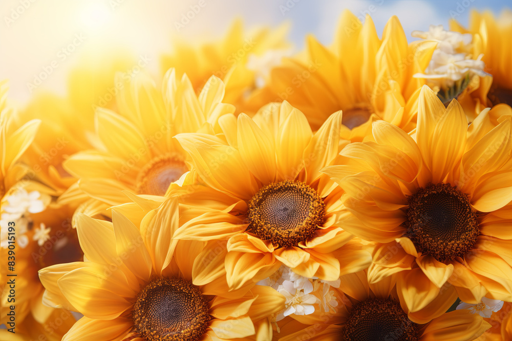 Fototapeta premium Background with bouquet of realistic sunflowers. Summer floral wallpaper