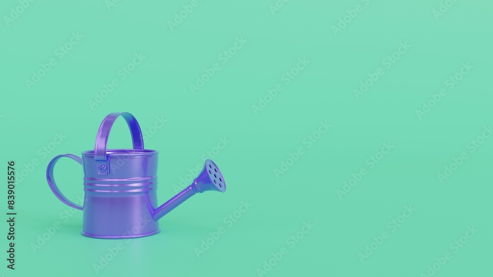 Obraz premium Lilac watering can on a turquoise background. Spring minimalist poster. Place for text. 3d rendering illustration