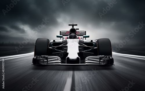 Formula one car on track, front view