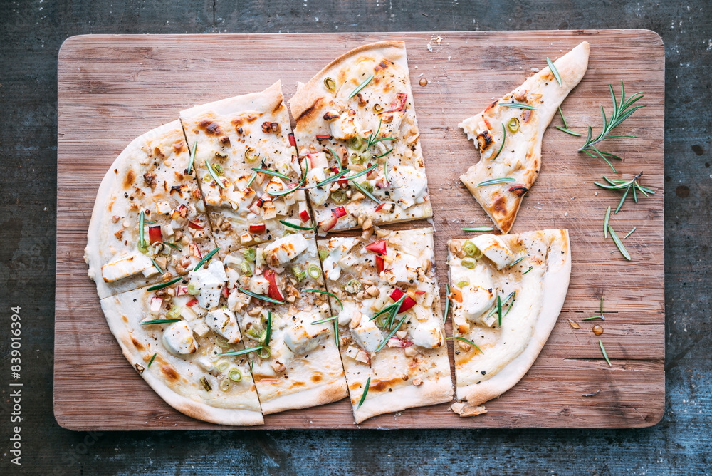 Tarte Flambee with apple, goat cheese, spring onions, rosmary and walnuts
