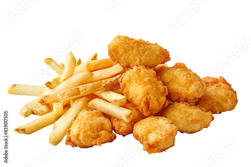 close up of a pile of fries and nugget isolated on transparent background