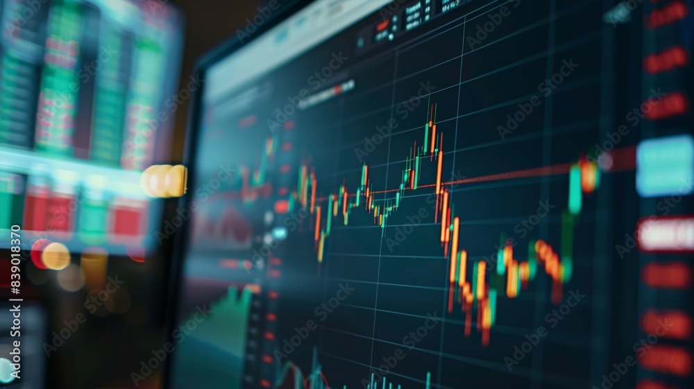 A computer monitor displays a graph of a stock market. A computer monitor displays a graph of a stock market.