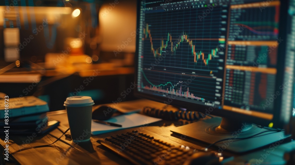 A computer monitor displays a graph of a stock market. A cup of coffee is on the desk next to the monitor