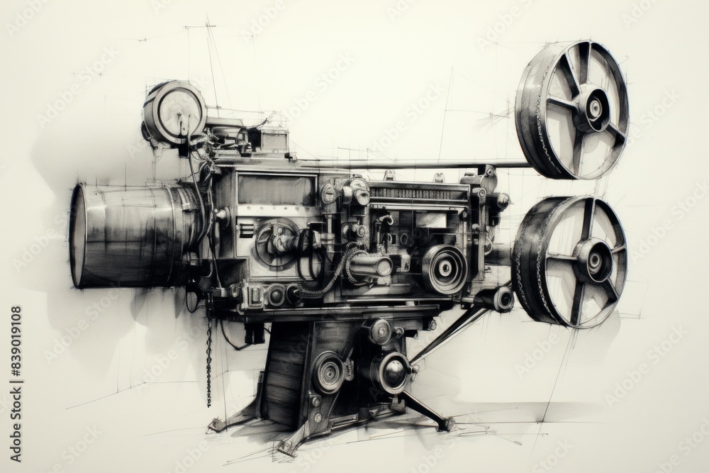 Artistic rendering of an old-fashioned film projector with intricate details in black and white