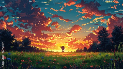 Golden Cup Soccer Design Trophy Silhouette, Sunset Sky
 photo