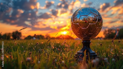Golden Cup Soccer Design Trophy Silhouette, Sunset Sky
 photo