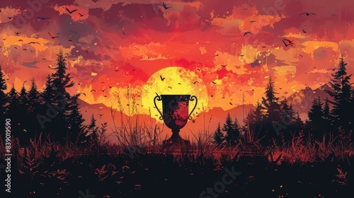 Golden Cup Soccer Design Trophy Silhouette, Sunset Sky
 photo