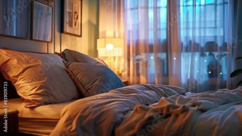 A bed with a white comforter and pillows. The room is dimly lit, giving it a cozy and relaxing atmosphere