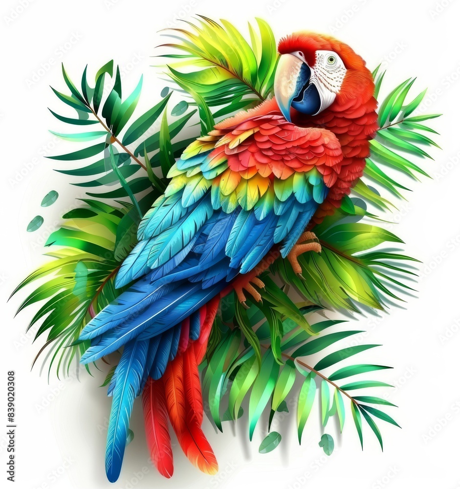 Obraz premium 3d modern objects. Plasticine art illustration of a parrot and tropical leaves during the summer.