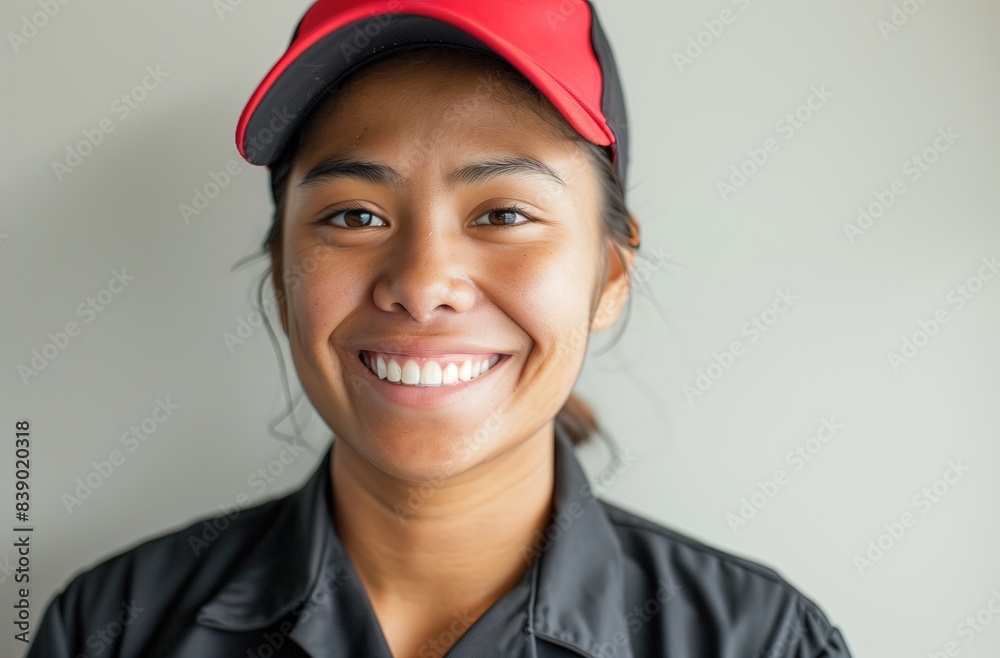 A restaurant manager. A portrait of a fast food worker wearing the uniform. A young smiling Thai woman wearing a red cap and black shirt working at a fast food restaurant. Employee A restaurant manager. A portrait of a fast food worker wearing the uniform. A young smiling Thai woman wearing a red cap and black shirt working at a fast food restaurant. Employee