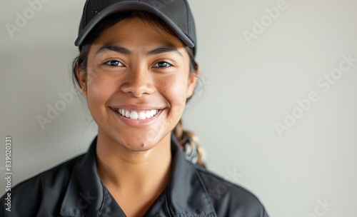 A restaurant manager. A portrait of a fast food worker wearing the uniform. A young smiling Filipino woman  with ponytail wearing a black cap and shirt working at a fast food restaurant. Employee