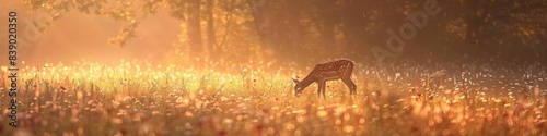 A misty meadow at dawn, where a lone deer grazes amidst a sea of soft-focus wildflowers.