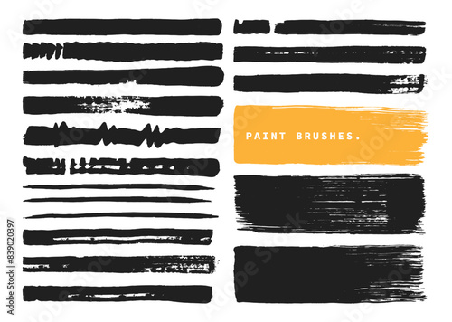 Hand drawn brush strokes set. Paint texture brushes element bundle. Grunge stroke template pack. Creative freehand drawing graphic element.