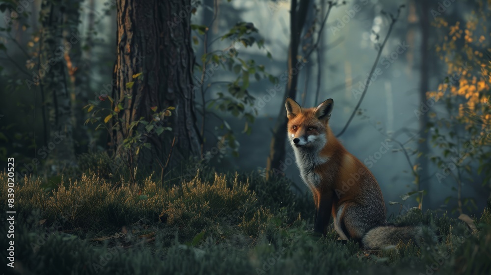 Obraz premium A fox is standing in the woods, looking at the camera. The image has a peaceful and serene mood, as the fox is surrounded by nature and he is enjoying its surroundings