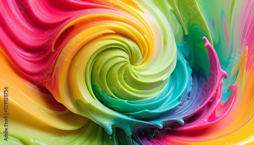A mesmerizing close-up of swirling rainbow paint creating a vibrant, colorful abstract pattern. The dynamic swirls of paint blend seamlessly, showcasing a spectrum of colors in a visually captivating