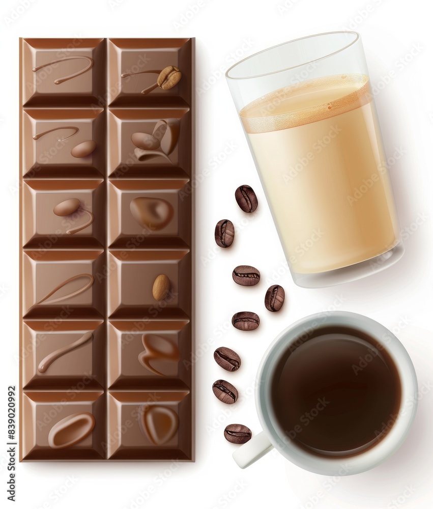 Mockup set featuring a white polyethylene package, a chocolate bar, and a modern illustration Mockup set featuring a white polyethylene package, a chocolate bar, and a modern illustration