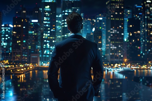 A young businessman in a black suit standing with night and cityscape in the background.