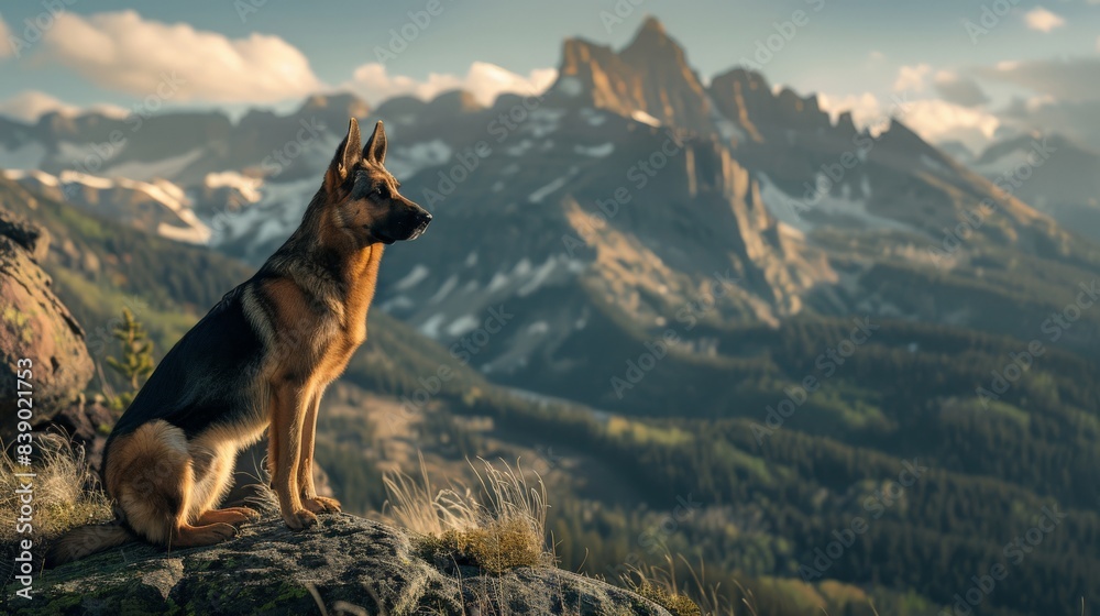 A large German Shepherd dog stands on a rocky mountain top, looking out over the landscape. The scene is peaceful and serene, with the dog's presence adding a sense of companionship A large German Shepherd dog stands on a rocky mountain top, looking out over the landscape. The scene is peaceful and serene, with the dog's presence adding a sense of companionship
