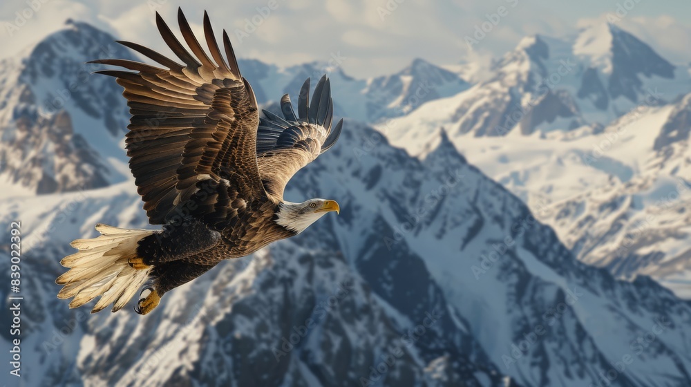 Fototapeta premium A bald eagle is flying over a snowy mountain range. The eagle is soaring high in the sky, with its wings spread wide. The scene is serene and majestic, showcasing the beauty of nature