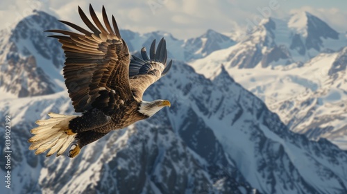 A bald eagle is flying over a snowy mountain range. The eagle is soaring high in the sky, with its wings spread wide. The scene is serene and majestic, showcasing the beauty of nature