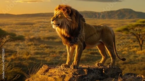 A lion stands on a rock in front of a mountain. The sky is cloudy and the sun is setting