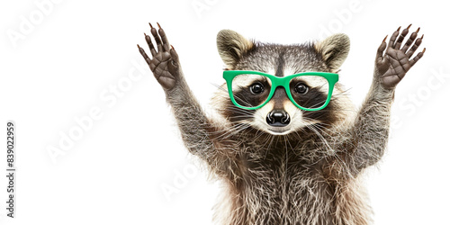 raccoon in green glasses on a white background © EnelEva