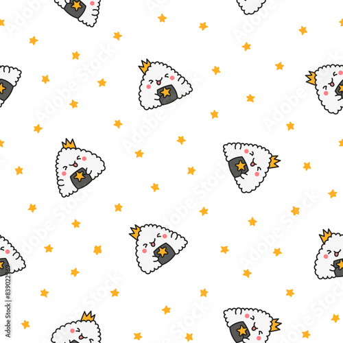 Cute kawaii onigiri. Seamless pattern. Funny sushi cartoon character. Asian rice and nori food. Hand drawn style. Vector drawing. Design ornaments.