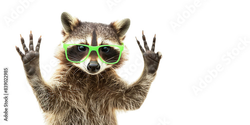 raccoon in green glasses on a white background © EnelEva
