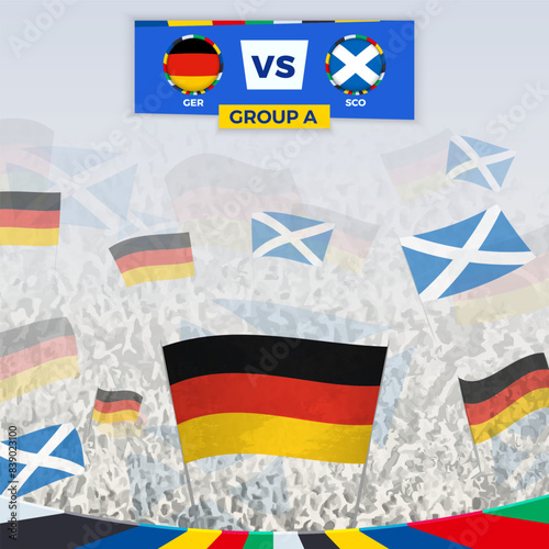 Football fans cheering with flags for the match between Germany and Scotland. Sport illustration for football competition in Europe.