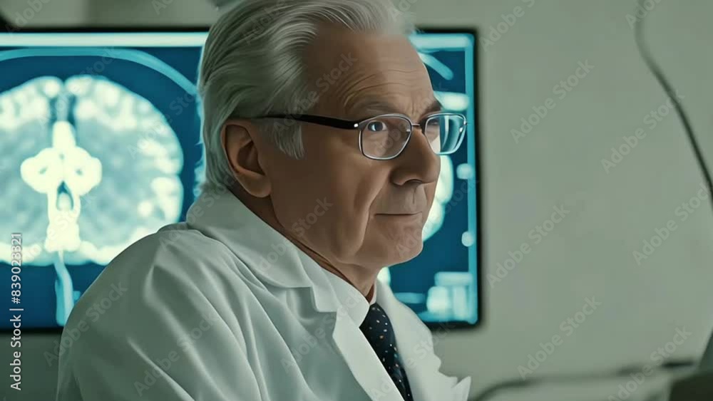 A middleaged male doctor in glasses is looking at an scan of the human brain on his computer screen A middleaged male doctor in glasses is looking at an scan of the human brain on his computer screen