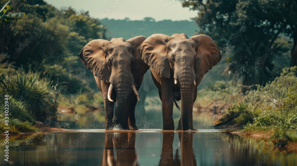 Fototapeta premium Two elephants are standing in a pond, one of which is looking at the camera. The scene is peaceful and serene, with the elephants and the water creating a sense of calmness