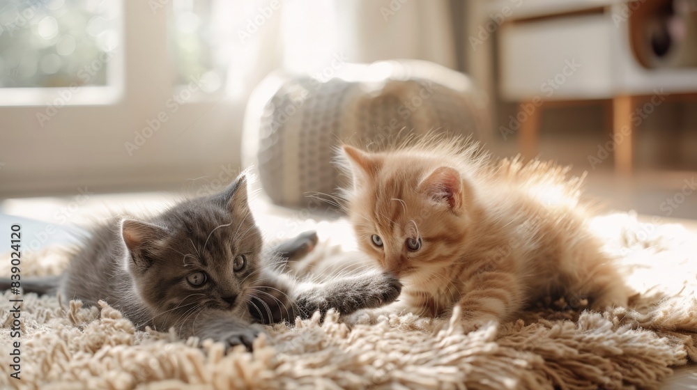 Two kittens are playing on a rug. One is gray and the other is orange. They are both looking at each other