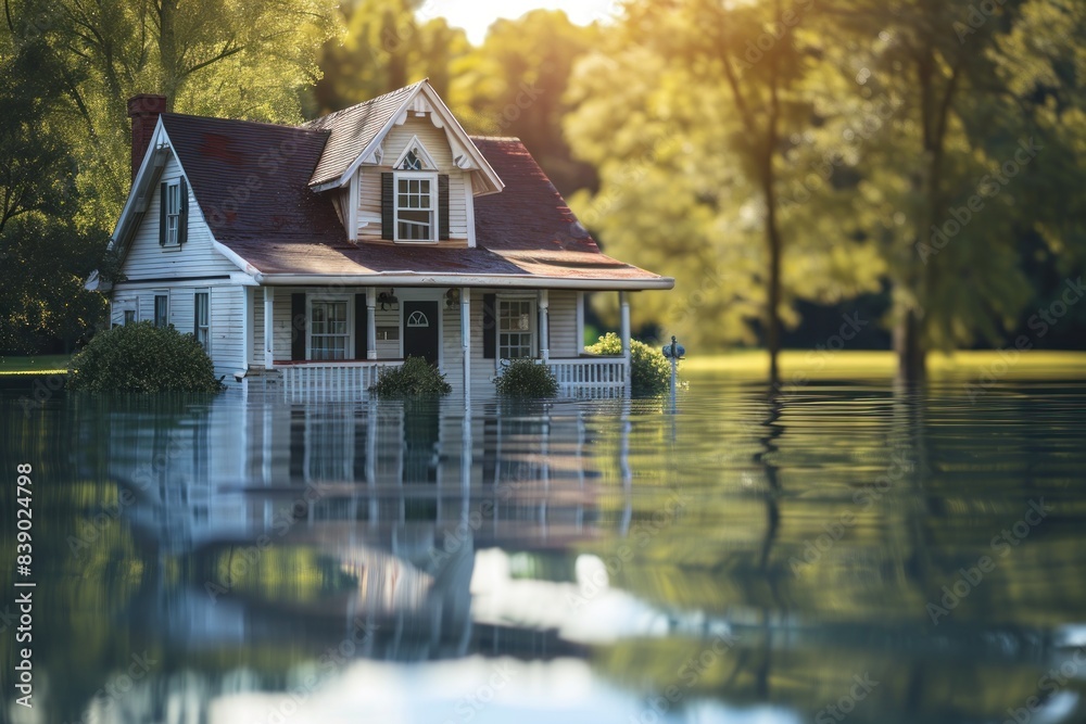 A flooded one-story house as a result of a flood, rainstorm or flood. Disaster, Collapse. A flooded one-story house as a result of a flood, rainstorm or flood. Disaster, Collapse.