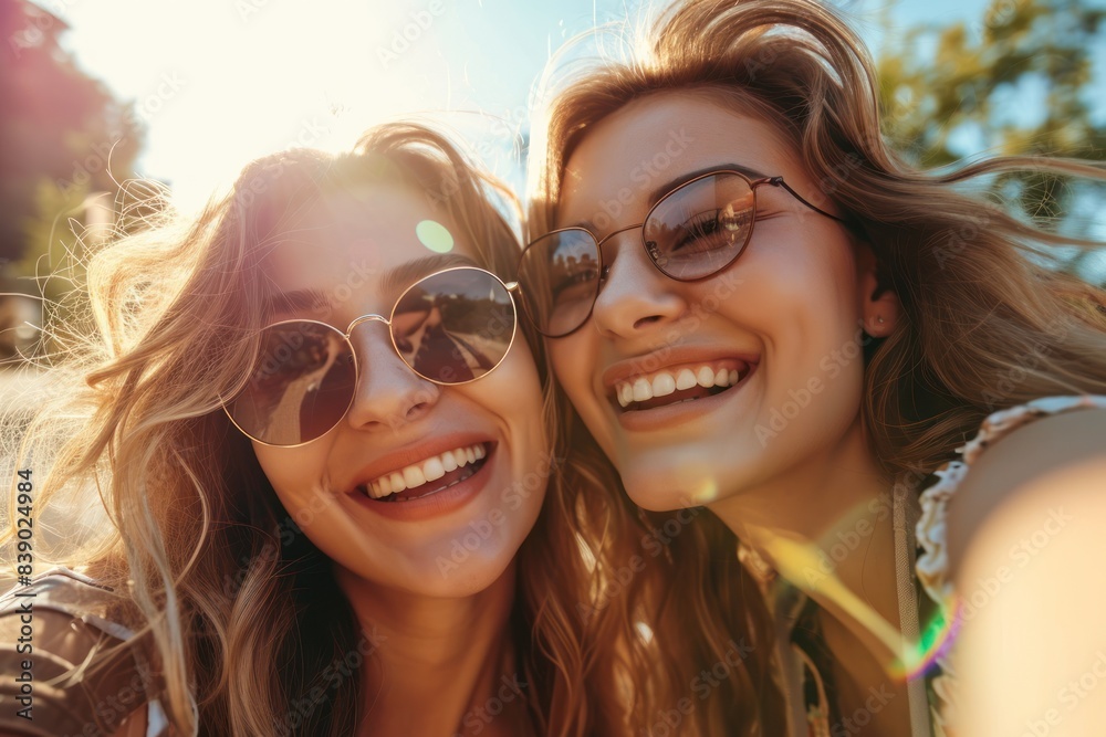 Fototapeta premium Two happy caucasian girls take a selfie outdoors on a sunny day. Smiling girlfriends take pictures on a mobile phone. Lifestyle. Close-up