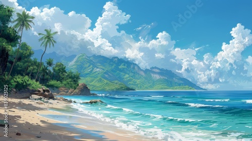 A beautiful beach scene with palm trees and mountains in the background