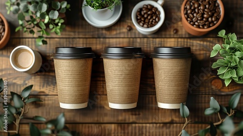 Three coffee cups with lids on a wooden table