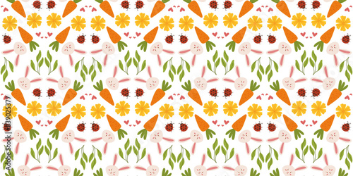 Easter pattern with carrots and ladybug in a hand drawn vector style. Perfect for children products, textiles, packaging, and decorative elements.