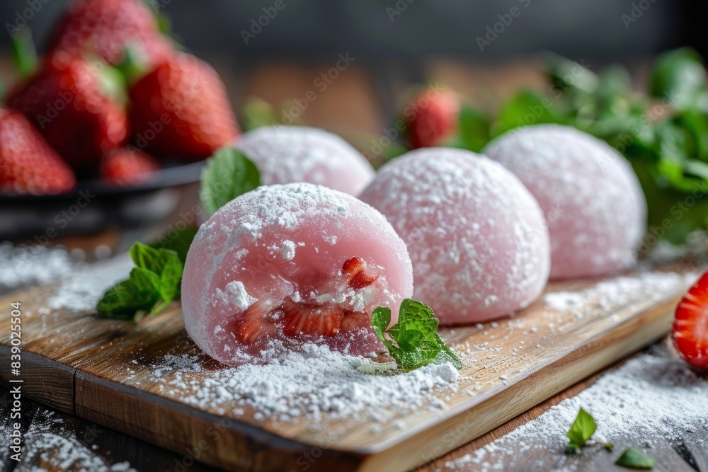 Pink Mochi with strawberry filling, dusted with rice flour, Wooden board with greens in the background. Concept: traditional Japanese dessert, rice cakes, Japanese ice cream Pink Mochi with strawberry filling, dusted with rice flour, Wooden board with greens in the background. Concept: traditional Japanese dessert, rice cakes, Japanese ice cream