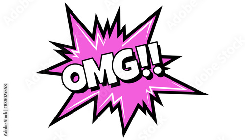 Pow comic bubble. Sound dialogue speech bubbles with word OMG. Pop art expression in bright color and black outline.