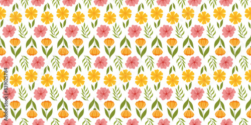 Seamless motif displaying floral elements. Botanical-inspired repetitive fabric or wallpaper design with orange flower on stem with leaf, yellow flower, cherry blossom, and leaves.