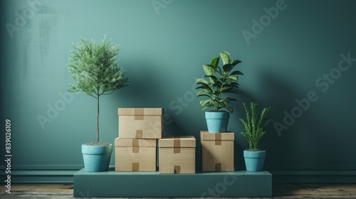 Minimalistic Stacked Boxes, Green Plant in Blue Pot. Sealed Goods, Home Supplies for Relocation
 photo