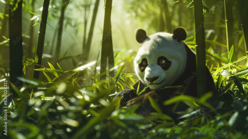 A panda bear is sitting in a lush green field A panda bear is sitting in a lush green field
