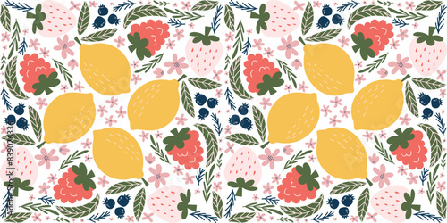 Playful seamless pattern with white strawberry, raspberry, lemon, blueberry, pink flower, and green leaf illustrations in a modern, organic vector style. Diamond-shaped arrangement.