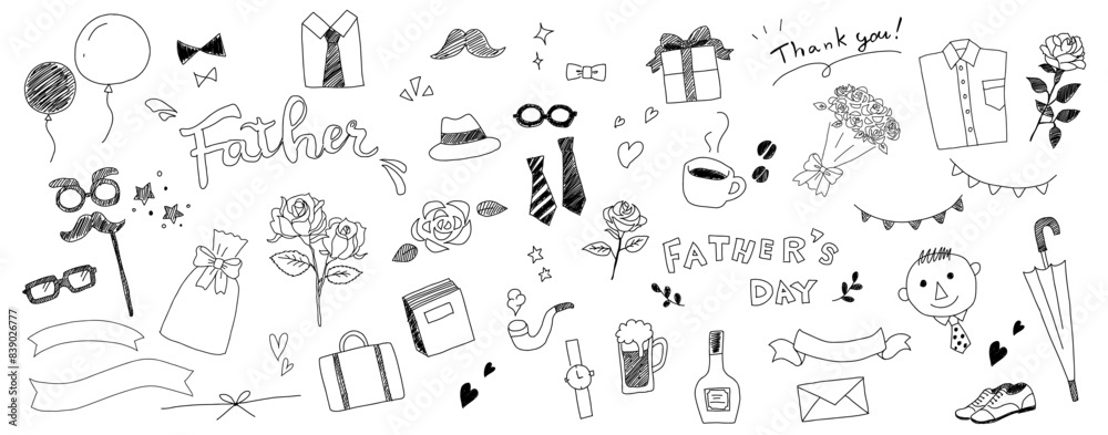 手書きのシンプルで可愛い父の日のアイコンセット。線画のベクターイラスト 手書きのシンプルで可愛い父の日のアイコンセット。線画のベクターイラスト