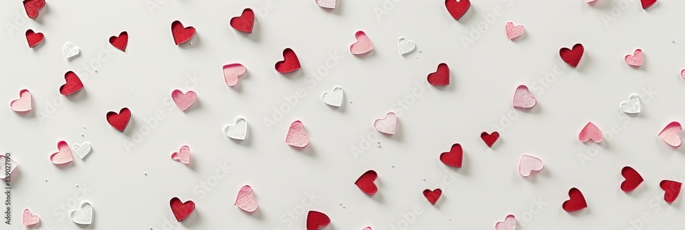 A clean white background with scattered tiny pink and red hearts in a minimalist pattern A clean white background with scattered tiny pink and red hearts in a minimalist pattern