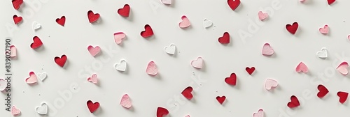 A clean white background with scattered tiny pink and red hearts in a minimalist pattern photo