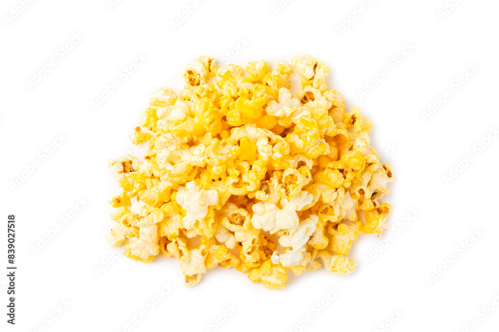 Delicious popcorn isolated on white background. Cinema and entertainment concept. Movie night with popcorn. Cheese and caramel popcorn. Delicious appetizer, snack. Banner