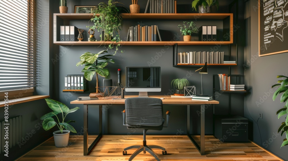 A small office with a desk, chair, and bookshelves. The desk has a computer and a keyboard. The bookshelves are filled with books and a potted plant. The room has a cozy and organized atmosphere