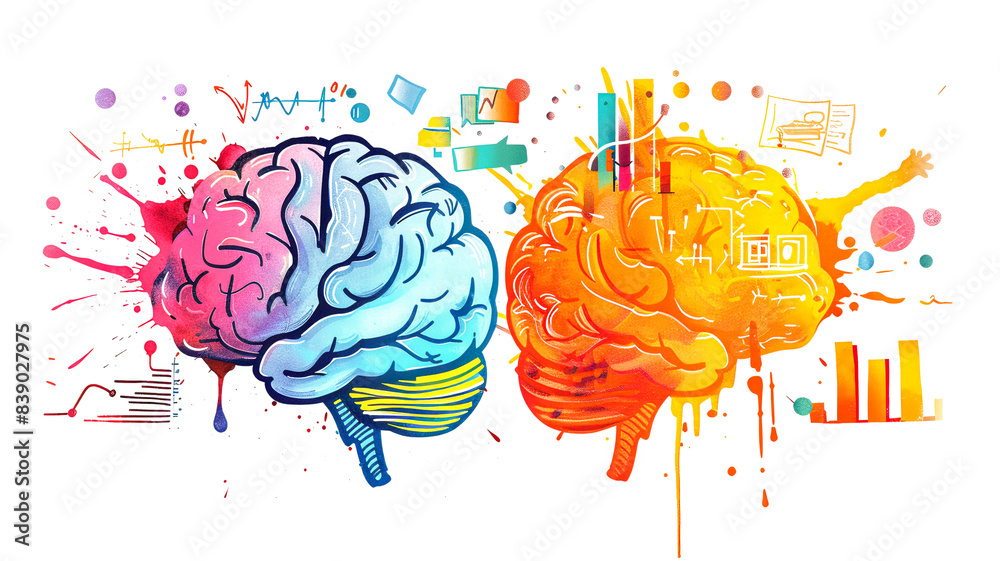 Left right human brain concept, the left side of the brain is depicted with gears, circuits, and mathematical symbols on white background Left right human brain concept, the left side of the brain is depicted with gears, circuits, and mathematical symbols on white background